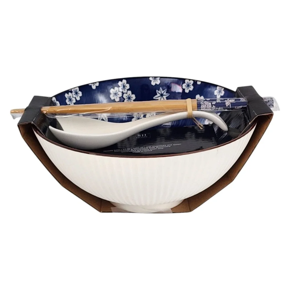 SH Home Blue Floral‎ Ceramic Ramen Noodle Bowl 43oz With Chopsticks And Spoons